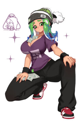 1girls artist_logo beanie breasts cleavage convenient_breasts female green_hair large_breasts little_blood looking_at_viewer mev_(mevlingo) money money_in_cleavage nintendo octoling octoling_girl purple_shirt shirt simple_background solo splatoon splatoon_(series) splatoon_3 splatoon_oc tentacle_hair victoria's_secret_compartment white_background