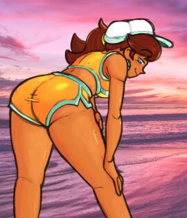 1girls ass beach bent_over big_breasts blue_eyes breasts brown_hair busty female female_only hands_on_own_knees hi_res highres large_breasts legs looking_at_viewer looking_back mario_(series) midriff nintendo ocean pose posing princess_daisy seductive_smile sensual sexy short_hair shorts sideboob smile solo sports_bikini tan thighs voluptuous