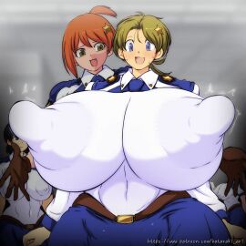 2girls animated big_breasts breasts breasts_bigger_than_head erect_nipples female hataraki_ari huge_breasts light-skinned_female light_skin massive_breasts teasing teasing_nipple