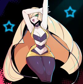 1girls bare_arms bare_shoulders big_breasts blonde_hair breasts clothed clothing color cosplay elesa_(pokemon)_(cosplay) female female_focus female_only game_freak green_eyes hi_res jun-kou_(junkouarts) large_breasts light-skinned_female light_skin long_hair looking_at_viewer lusamine_(pokemon) nintendo pokemon pokemon_sm pokemon_trainer solo solo_female tagme thick_thighs