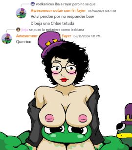 big_breasts blush bouser breasts chloe_moriondo discord_(app) female green_skin hat inverted_nipples lipstick loose_clothes loose_sweater ms_paint oc pink_areola red_lipstick round_breasts round_eyes round_glasses self_upload sitting slime slimy spanish_text sweater top_hat topless under_boob