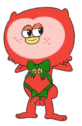 1boy anthro avian balls beak bell bird bow_ribbon breadwinners christmas_decorations commander-star fur genitals half-closed_eyes hands_behind_head looking_aside male male_focus male_only mostly_nude mostly_nude_anthro mostly_nude_male narrowed_eyes nickelodeon owl penis presenting red_body red_fur smile smirk solo solo_focus solo_male standing t-midi t-midi_(breadwinners) tagme wrapped_around_penis wrapping wrappings yellow_beak