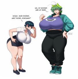 2girls borrowed_character breasts breasts_bigger_than_head curvy english_text female giantess gigantic_breasts green_hair huge_breasts mai_(mai_munah) mai_munah massive_breasts original original_character pants plump rochi rochi_(rrrroch1) rrrroch1 shoes short_hair tall tall_female taller_female thick_eyebrows tight_clothes tight_clothing tight_fit tight_shirt white_shirt