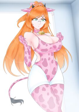 1girls arms_up bell breasts collar cow_ears cow_print cowbell cowgirl female glasses hope_(jesscatg) jesscatg large_breasts leotard orange_hair red_hair tail