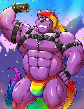 abs anthro beard big_pecs bulge canid canine clothing confetti eyewear facial_hair fox fur glasses gloves gojho hair handwear harness hi_res joshua_(joshu_fox) joshua_fox leather lgbt lgbt_pride male male_focus male_only mammal markings multicolored_clothing multicolored_hair multicolored_speedo multicolored_swimwear multicolored_tail musclegut muscular muscular_anthro muscular_male nipples pecs pride_color_clothing pride_color_speedo pride_color_swimwear pride_colors pride_month purple_body purple_fur rainbow_hair rainbow_pride_colors rainbow_speedo rainbow_tail six-stripe_rainbow_pride_colors solo solo_male speedo stripes swimwear tail