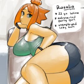 big_breasts breasts character_age character_bio character_name character_profile character_sheet female ginger ginger_hair green_eyes hair hairbun latina light-skinned_female light_skin orange_hair original original_character rayschera red_hair rosalia_(rayschera) short_hair tagme