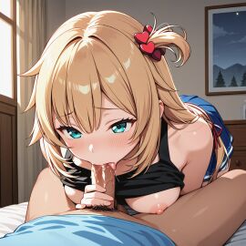 ai_generated akai_haato blonde_hair blowjob blue_eyes female hololive hololive_gen_1 hololive_japan nude_breast saliva sex sweat
