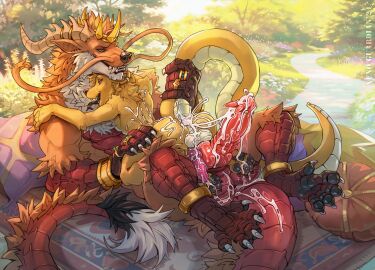 after_sex anklet anthro anthro_on_anthro ass balls big_balls big_penis bodily_fluids bracelet cum cum_in_ass cum_inside cum_on_ass cum_on_back cum_on_balls cum_on_butt cum_on_own_balls cum_on_own_penis cum_on_penis cum_on_self cum_on_tail detailed_background dragon draixen duo eastern_dragon excessive_cum excessive_genital_fluids forked_tongue fur furred_dragon furred_scalie genital_fluids genitals grey_eyes hand_on_hip hi_res holding_tail huge_cock jewelry jewelry_only knot knotted_penis looking_pleasured male male/male mammal mustelid mythological_creature mythological_scalie mythology nude nude_anthro nude_male orange_body orange_fur otter outside pawpads penis reptile ridged_penis ring scalie smile snake snotter tail tongue vidra_krem xenoguardian yellow_body yellow_eyes yellow_fur