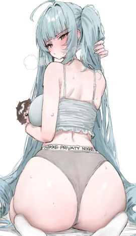 1girls absurdres ass blue_hair blush breasts camisole character_doll commander_(nikke) doll female from_behind goddess_of_victory:_nikke grey_camisole grey_panties highres holding holding_doll large_breasts long_hair looking_at_viewer looking_back mochirong panties privaty_(nikke) sitting solo sweat twintails underwear wariza white_background yellow_eyes