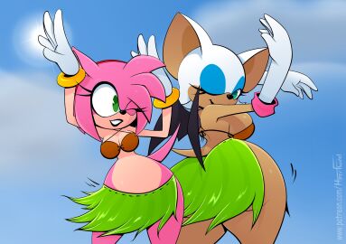 2d 2d_(artwork) 2d_artwork amy_rose ass big_breasts bikini blue_eyeshadow bra breasts breasts_bigger_than_head coconut_bra dancing eyelashes female gloves green_eyes hawaiian huge_breasts hyperflannel large_ass large_breasts lei_(clothing) lipstick mobian mobian_(species) mobian_bat pink_fur rouge_the_bat sega skirt sonic_(series) sonic_adventure_2 sonic_the_hedgehog_(series) thick thick_ass thick_butt thick_hips thick_legs thick_lips thick_thighs