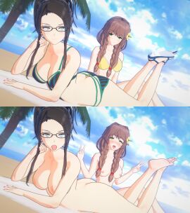 3d ahe_gao ass beach before_and_after big_breasts bikini bikini_bottom bikini_top braids breasts character_request completely_nude coral_brown_hair dark_brown_hair doki_doki_literature_club edit female female_focus female_only female_teacher glasses green_eyes hair_bun human human_female human_only koikatsu light-skinned_female light-skinned_male light_blue_eyes light_skin looking_at_each_other looking_up male medium_breasts monika_(doki_doki_literature_club) nude nude_female peace_sign photoshoot posing posing_for_picture sticking_out_tongue striped_bikini_bottom striped_bikini_top teacher teacher_and_student yellow_bikini_top