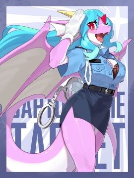 1girls 2025 5_fingers anthro belt blue_hair blush bra breasts clothed clothing digital_media_(artwork) dragon female female_only fingers gesture gloves hair handwear hi_res horn kame_3 looking_at_viewer mythological_creature mythological_scalie mythology open_mouth pink_body pink_tail pink_wings red_eyes salute scalie solo tail teeth tongue topwear underwear white_clothing white_gloves white_handwear wings