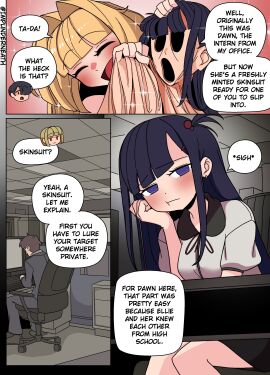 2girls black_hair blonde_hair color comic dawn_(impunderneath) disguise ellie_(impunderneath) ellie_skinsuit english_text female female_skinsuit genderswap genderswap_(mtf) hollow_body imposter impunderneath inanimate_transformation long_hair male_in_female_body mask office office_lady open_mouth original original_character perfect_disguise possessed possession purple_eyes skinsuit transformation