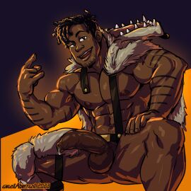 abs avantaberrant balls bara beowulf_(skullgirls) biceps big_balls big_penis costume dark-skinned_male dark_skin erection foreskin halloween halloween_costume holidays male male_nipples male_only masculine_male muscular muscular_male nipples pecs penis skullgirls uncircumcised uncut yaoi