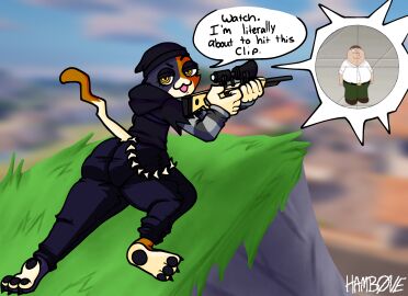 1girls 20th_century_fox 20th_century_studios 2d 2d_(artwork) :3 artist_signature ass big_ass cat_girl catgirl family_guy feet female female_focus fortnite fortnite:_battle_royale fuzzy_door_productions gun hamb0ne laying_down looking_at_viewer looking_back meow_skulls_(fortnite) paws peter_griffin sniper_rifle tail text text_bubble thick_ass thick_thighs thighs