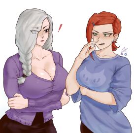 2girls ben_10 big_breasts braided_hair breasts crossover female female_only green_eyes gwen_tennyson hair_over_one_eye jujutsu_kaisen mei_mei_(jujutsu_kaisen) mommy multiple_females multiple_girls nbaka001 orange_hair simple_drawing staredown white_hair