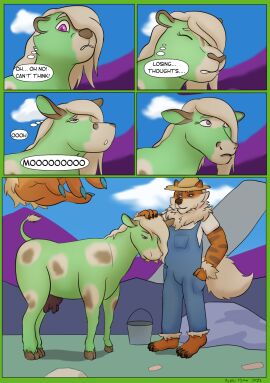 comic cow_transformation duo farmer female fur hi_res macro male male/female mind-loss mr._henderson pickles-hyena purple_eyes striped_body striped_fur stripes teats transformation udders