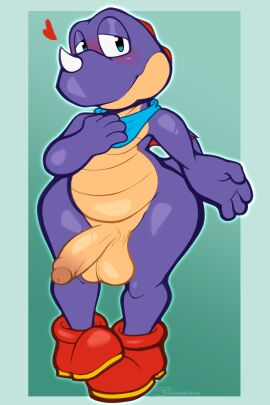 1boy 2:3 anthro balls blue_eyes blush clothing dinosaur dragon erection fan_character femboy footwear furry furry_male furry_only gay gay_male genitals glans hi_res homosexual homosexual_male looking_at_viewer male male_only mario_(series) mythological_creature mythological_scalie mythology nintendo penis prehistoric_species puff_(softestpuffss) raphe_(anatomy) reptile rex_(mario) scalie scarf shoes softestpuffss solo solo_focus solo_male super_mario_world wide_hips