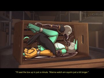 ankle_cuffs anthro armbinder asphyxiation avian balls binder_(restraint) bird bondage bondage_gear bound breath_play clothing cobondage corvid corvus_(genus) crow cuff_(restraint) digital_drawing_(artwork) digital_media_(artwork) duo encasement english_text feet gay gay_male genitals gryphon hands_behind_back latex latex_clothing male male/male mammal metal_hood mythological_avian mythological_creature mythology nude oscine passerine pure_gold_(oc) restraints shackles squawk_(summerlong) storage stripedcrocodile submissive tail text warehouse yaoi