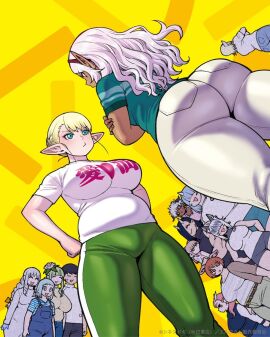 1_horn 1boy animal_ears announcement ass bare_shoulders blonde_hair blue_eyes blue_hair blue_overalls braid breasts clenched_hand closed_eyes closed_mouth clothes_writing commentary_request copyright_name covered_eyes dark-skinned_female dark_elf dark_skin demon denim dog_girl dragon dragon_girl elf elf-san_wa_yaserarenai elfuda facing_another female flower food food-themed_background french_fries from_behind from_below from_side ghost gonda_(elf-san) green_hair green_pants green_shirt grey_hair grey_shorts hair_flower hair_ornament hair_over_eyes hairband hands_on_own_hips hitome holding honeda honeda-san horns jacket jeans kobo kuroeda kusahanada large_breasts long_hair male medium_breasts medium_hair merfolk mermaid mero_(elf-san) monster_girl multiple_females multiple_girls naoe_tomoatsu official_art oga oku open_mouth orange_eyes orange_hair overalls pants plump pocket pointy_ears polo_shirt promotional_art raika red_eyes red_hairband satero scales shirt short_hair short_sleeves shorts side_braid small_breasts smile striped_clothes striped_shirt sweatdrop sweatpants synecdoche translation_request white_hair white_pants white_shirt worried yellow_eyes