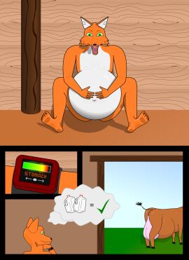 2018 4_legs 5_fingers 5_toes anthro ass barely_visible_butt barn belly belly_overhang bent_legs big_belly biped black_nose blue_sky bovid bovine brown_body brown_fur brown_pawpads butt_from_the_front canid canine casual_nudity cattle check_mark cheek_tuft clock clutching_stomach comic digital_drawing_(artwork) digital_media_(artwork) digitigrade duo ears_outwards equal_sign eyebrows facial_tuft fangs feet female feral field fingers flat_colors fox front_view fur gazing grass green_eyes heel_pad hi_res holding_belly hooved_digitigrade hooved_toes hooves huge_belly humanoid_feet humanoid_hands humanoid_heel inner_ear_fluff inside inside_barn ironfoxx knees_bent knees_up larger_female larger_feral loki_(ironfoxx) looking_at_another looking_outside male mammal meter milk milk_container multi_leg multi_limb multicolored_body multicolored_fur narrowed_eyes navel nude nude_anthro nude_male open_mouth orange_body orange_eyebrows orange_fur orange_pawpads pawpads pivoted_ears plant plantigrade pondering quadruped raised_tail rear_view red_fox shaded shadow sharp_teeth side_view sitting size_difference skinny sky smaller_anthro smaller_male smile soles solo stomach_ache story story_in_description tail tail_tuft teats teeth thinking thought_bubble toes true_fox tuft two-tone_body two-tone_fur udders vector vector_art watch whiskers white_belly white_body white_fur white_sclera wide_hipped_female wide_hipped_feral wristwatch wristwatch_only