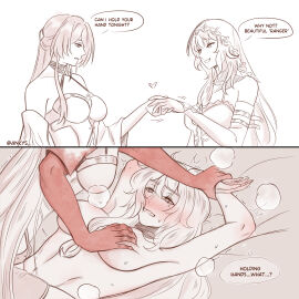 2girls acheron_(honkai:_star_rail) ankie_(ankys_) black_swan_(honkai:_star_rail) blush breast_press breasts crying crying_with_eyes_open female grabbing grabbing_another's_arm greyscale highres honkai:_star_rail honkai_(series) lesbian molestation monochrome multiple_females multiple_girls nude speech_bubble tears thought_bubble yuri