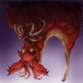 2015 after_transformation anthro bad_end bodily_fluids breasts claws digital_media_(artwork) dragon female genital_fluids genitals hi_res horn looking_up mythological_creature mythological_scalie mythology navel nipples nude open_mouth ovipositor post-transformation pregnant pussy red_body red_scales sayuncle scales scalie simple_background solo tongue tongue_out transformation vaginal_fluids what