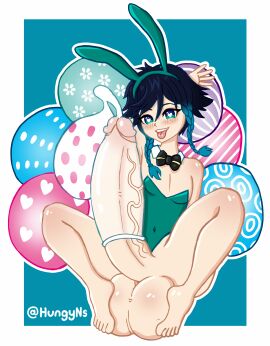 balls blue_hair braided_twintails bunny_ears bunnysuit condom condom_balloon condom_filling feet_on_balls genshin_impact heart-shaped_pupils huge_balls huge_cock hung_trap hungy hyper_penis large_penis male male_only penis self_upload solo_male tongue tongue_out two-tone_hair venti_(genshin_impact)