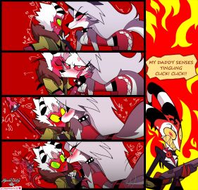 aless_(corazonarts) annoyed anthro anthro_on_anthro blitzo_(helluva_boss) canid canid_demon canine comic corazonarts demon duo eye_contact female fire hellhound helluva_boss hi_res imp kiss_on_cheek kissing looking_at_another loona_(helluva_boss) male male/female male_anthro mammal seductive tail tail_wagging