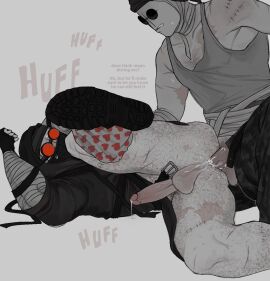 2boys anal_sex ass balls ballsack bandage bandages bent_leg blank_background body_hair boxers buff camo_print camouflage chest_hair covered_face cum cum_drip cum_in_ass english_text erect_penis erection gay gay_anal gay_sex glasses goggles grunting half-dressed hank_j._wimbleton heart_boxers kneeling leg_up legs_apart madness_combat male male/male male_focus male_only male_penetrated male_penetrating male_penetrating_male male_underwear mask masked masked_male muscular no_pants on_ground on_side penis pubic_hair sanford scarred scarred_body scars shirt_only shoes_on stiches sweat sweat_stain sweatdrop underwear waxxeddoghouse