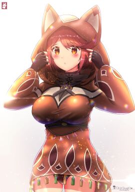 1girls animal_ear_hood big_breasts breasts brown_hoodie cat_ears chinchongcha disguised_pyra fake_animal_ears female fingerless_gloves gloves hoodie large_breasts looking_at_viewer nintendo pyra red_eyes red_hair short_hair swimsuit swimsuit_under_clothes xenoblade_(series) xenoblade_chronicles_2