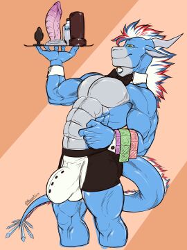 2024 4_fingers abs abstract_background absurd_res anthro artist_name big_bulge blue_body blue_hair bow_tie bulge butler butler_underwear butler_underwear_(meme) butler_uniform clothed clothing condom detailed_bulge digital_drawing_(artwork) digital_media_(artwork) dildo dragon english_text european_mythology fingers flodragon genital_outline green_eyes hair hi_res holding_condom holding_object horn ice khayen looking_at_viewer lube lube_bottle male markings meme muscular muscular_anthro muscular_male mythological_creature mythological_scalie mythology partially_clothed pecs penetrable_sex_toy penis penis_outline plate plug_(sex_toy) red_hair scalie sex_toy sexual_barrier_device signature skimpy smile snowflake_marking solo text topless topless_anthro topless_male underwear underwear_only waiter western_dragon white_body white_hair