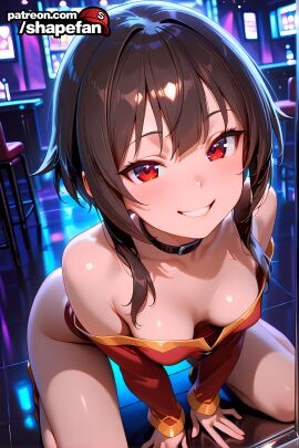 2025 absurd_res absurdres ai-created ai-generated ai_art ai_generated athletic_female bar breasts brown_hair bust chest choker cleavage club collar cute dark_hair downblouse female female_only fit hi_res high_quality high_resolution konosuba long_sleeves looking_at_viewer medium_boobs medium_breasts medium_hair medium_tits megumin monotone_hair nightclub on_knees red_eyes shapefan shoulders skinny smile smiling smiling_at_viewer solo stable_diffusion straight_hair tagme uncensored