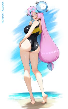 ass bare_shoulders barefoot beach black_choker black_one-piece_swimsuit blue_sky blush bow-shaped_hair breasts character_hair_ornament choker competition_swimsuit fake_hair_bun female hair_ornament highres iono_(pokemon) kaos_art large_breasts legs long_hair looking_at_viewer looking_back multicolored_hair nintendo ocean one-piece_swimsuit open_mouth outdoors pink_hair pokemon pokemon_sv sharp_teeth sky smile solo split-color_hair swimsuit teeth two-tone_hair very_long_hair water