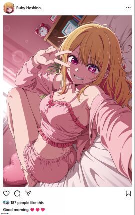 ai_generated bangs bare_shoulders barefoot blonde_hair blush breasts camisole cleavage eyebrows_visible_through_hair female frills grin hoshino_ruby indoors jacket knee_up knees_up long_hair long_sleeves looking_at_viewer lying medium_breasts on_back on_bed oshi_no_ko pajamas phibsai phone_screen photo_(object) pillow pink_eyes pink_jacket self_shot shorts sitting smile solo teeth