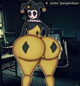 alternate_costume angelindieart14 asian asian_female ass background batman:_caped_crusader batman_(series) big_ass clown clown_girl clown_makeup curvy curvy_female curvy_figure dc dc_comics fat_ass female harleen_quinzel harley_quinn harley_quinn_(caped_crusader) jester jester_hat jester_outfit viewed_from_behind