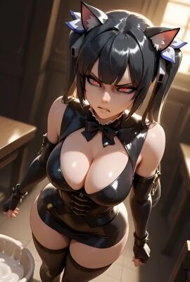 ai_generated annoyed blush bustybunz cat_ears cat_outfit cleavage cum cum_in_bowl cum_in_container gokkun hair_ribbon hestia_(danmachi) large_breasts latex leather long_hair pov semen skirt tagme thighhighs tight_skirt twintails video