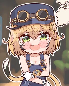 blonde_hair blush breasts checkered_bra cleavage conductor_hat conductor_uniform dooby3d eyebrows_visible_through_hair female gloves goggles green_eyes indie_virtual_youtuber jerboa jerboa_humanoid kukie_nyan looking_at_viewer minimalist_background sideboob steam tail virtual_youtuber