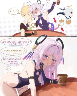 1boy 2girls aether_(genshin_impact) ass beer beer_mug bent_over blue_eyes blush breasts citlali_(genshin_impact) closed_eyes drunk english_text female genshin_impact long_hair male mockingeu paimon_(genshin_impact) pink_hair teasing