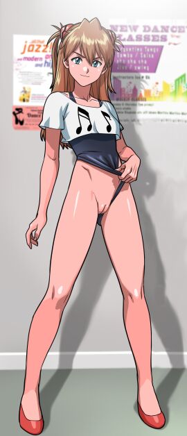 alternate_version_available ass ass_grab asuka_langley_sohryu blue_eyes brown_hair clothing edit edited female flats innie_pussy leotard leotard_aside leotard_pull long_hair looking_back male neon_genesis_evangelion nude pussy red_hair tekuho workout_clothes