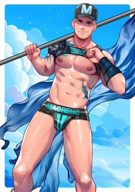 1boy abs baseball_cap bulge cocky flag harness holding_flag holding_object looking_at_viewer male male_only maorenc muscular nipple_piercing nipples original_character pecs piercing smile smiling_at_viewer smirk smirking_at_viewer smug solo solo_male tattoo underwear wrist_guards