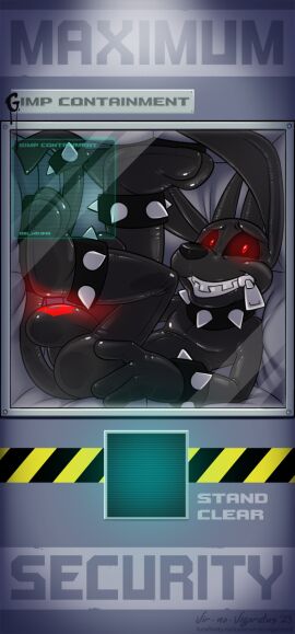 2023 anklet big_bulge biped black_sclera bondage bound bracelet bulge chastity_device collar cuff_(restraint) demon digital_media_(artwork) english_text gimp gimpy_(vir-no-vigoratus) glistening glistening_body glowing glowing_bulge glowing_eyes hi_res horn imp implied_permanent jewelry latex legband lock_bulge lock_symbol looking_at_viewer null_bulge padded_room red_eyes restraints spiked_anklet spiked_bracelet spiked_collar spiked_legband spiked_tailband spikes tail tail_cuff text toony trapped vir-no-vigoratus zipper zipper_mouth