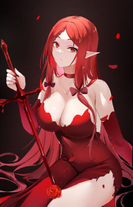 baige0 bare_shoulders bow breasts choker cleavage detached_sleeves dress elf elizabeth_(the_eminence_in_shadow) female kage_no_jitsuryokusha_ni_naritakute! large_breasts long_hair pointy_ears red_eyes red_hair rose sitting solo strapless sword the_eminence_in_shadow vampire weapon