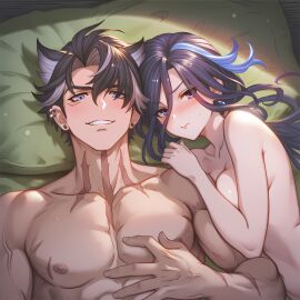 1boy 1girls bed before_sex blush breast_press clorinde_(genshin_impact) genshin_impact light_skin muscular_male nude nude_female nude_male pectorals scar smile viewer_pov wriothesley_(genshin_impact)