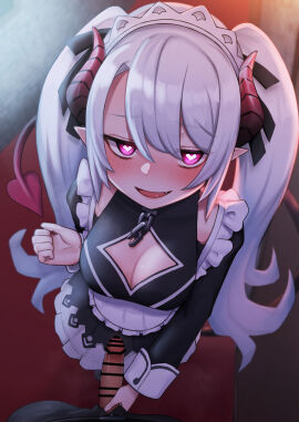1boy apron bar_censor big_breasts black_ribbon blush breasts broken broken_chain censored chains charlotte_(ac8231) cleavage cleavage_cutout clothing_cutout commentary_request commission demon demon_girl demon_tail dress emoto_shikeko female frilled_apron frills from_above hair_ribbon handjob heart heart-shaped_pupils highres horns large_breasts long_hair looking_at_viewer maid maid_headdress male open_mouth original penis ribbon skeb_commission symbol-shaped_pupils tail twintails very_long_hair white_apron white_headdress