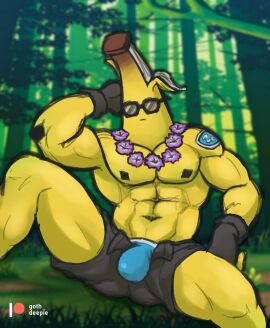 1boy 2024 abs absurd_res banana big_muscles blue_clothing blue_underwear bottomwear bulge clothed clothing elemental_creature elemental_humanoid epic_games eyewear flora_fauna food food_creature food_humanoid fortnite fruit fruit_humanoid gloves gothdeepie hand_behind_head handwear hi_res humanoid living_fruit male male_only muscles muscular muscular_humanoid muscular_male navel open_bottomwear open_clothing open_shorts pecs peely plant plant_humanoid shorts solo spread_legs spreading sunglasses topless underwear yellow_body yellow_skin