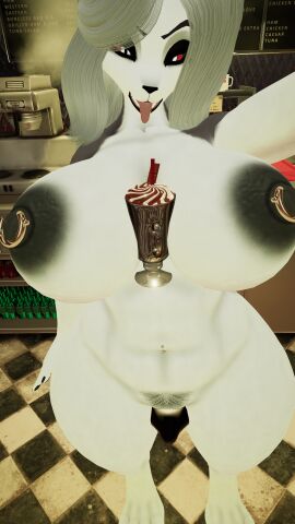 3d canine_pussy female huge_breasts looking_at_viewer loona_(helluva_boss) milf milkshake nipple_piercing self_upload thick_thighs vrchat
