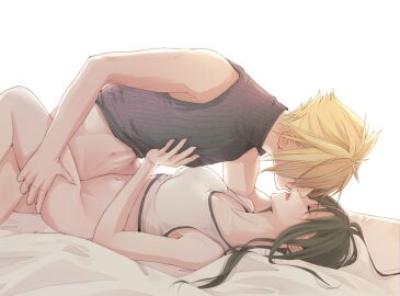 1boy 1girls black_hair blonde_hair bottomless breasts cleavage closed_eyes cloud_strife covering_breasts crop_top female final_fantasy final_fantasy_vii final_fantasy_vii_remake highres imminent_kiss large_breasts leg_lift lying male mixmomo_yah on_back romantic sex sleeveless sleeveless_turtleneck spiked_hair straight tank_top thigh_grab tifa_lockhart turtleneck