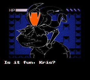 1girls anaglyph ass background big_ass big_breasts breasts deltarune deltarune_chapter_3 english_text eram female female_only first_porn_of_character non-human one_cryptid open_mouth shadow_mantle solo talking_to_another text thick_thighs thunder_thighs