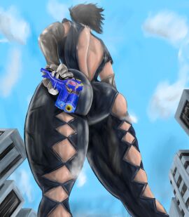 2d 2d_(artwork) bayonetta bayonetta_(character) bigger_female black_hair giant_breasts giantess goddess gun huckleberry8181 huge_ass huge_breasts huge_butt nintendo sega thick_ass thick_hips thick_legs thick_thighs witch